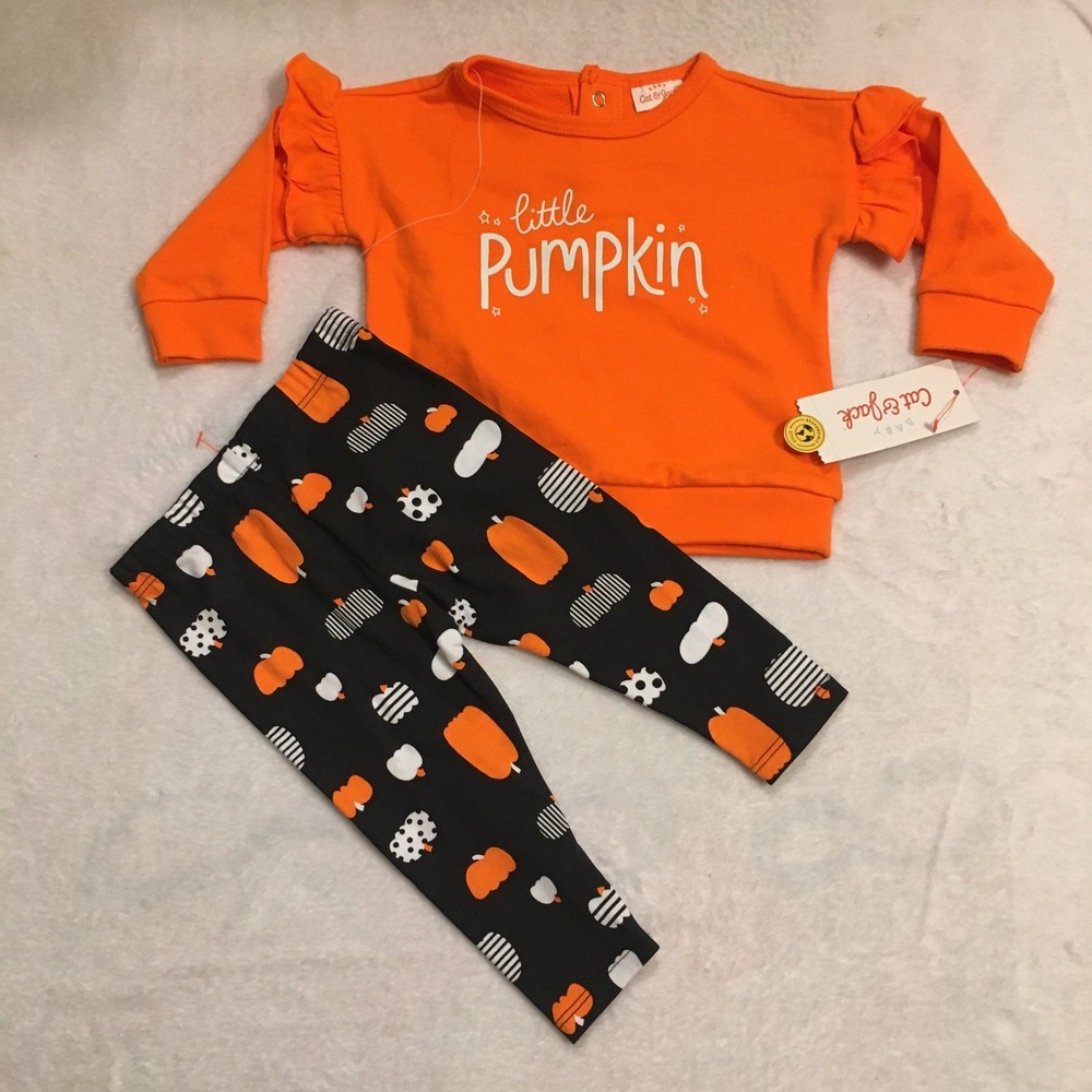 Cat & Jack Outfit Set Baby 6m Orange New Little Pumpkin Ruffle Sweatshirt Pant